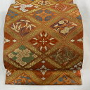 【在庫一掃】 袋帯 美品 逸品 川島織物 落款あり 花菱 向かい鳥 箔 刺繍 赤茶 六通 正絹 【中古】