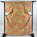 【在庫一掃】 紬 身丈165cm 裄丈62cm S 袷 草花 薄オレンジ 正絹 美品 優品 【中古】