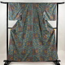 【在庫一掃】 紬 身丈159cm 裄丈64cm M 袷 草花 青緑 正絹 優品 【中古】
