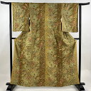 【在庫一掃】 小紋 身丈162cm 裄丈63.5cm S 袷 桜 籠目 金彩 灰緑 正絹 美品 優品 【中古】