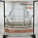 【在庫一掃】 訪問着 身丈159.5cm 裄丈63cm S 袷 段縞模様 梅 刺繍 金銀彩 灰色 正絹 優品 【中古】