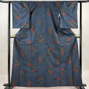 【在庫一掃】 紬 身丈163.5cm 裄丈61cm S 袷 草花 雲文 紺色 正絹 美品 優品 【中古】