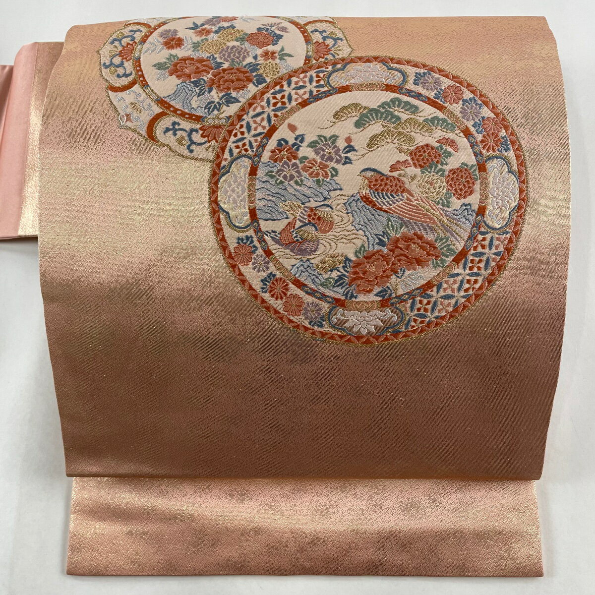 【在庫一掃】 名古屋帯 美品 優品 花鳥 鏡裏文 金糸 箔 ピンク 正絹 【中古】