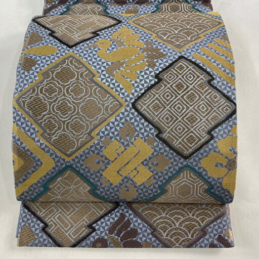 【在庫一掃】 袋帯 美品 名品 落款あり 鳥 松皮菱 青灰色 六通 正絹 【中古】 【在庫一掃】 袋帯 美品 名品 落款あり 鳥 松皮菱 青灰色 六通 正絹 【中古】