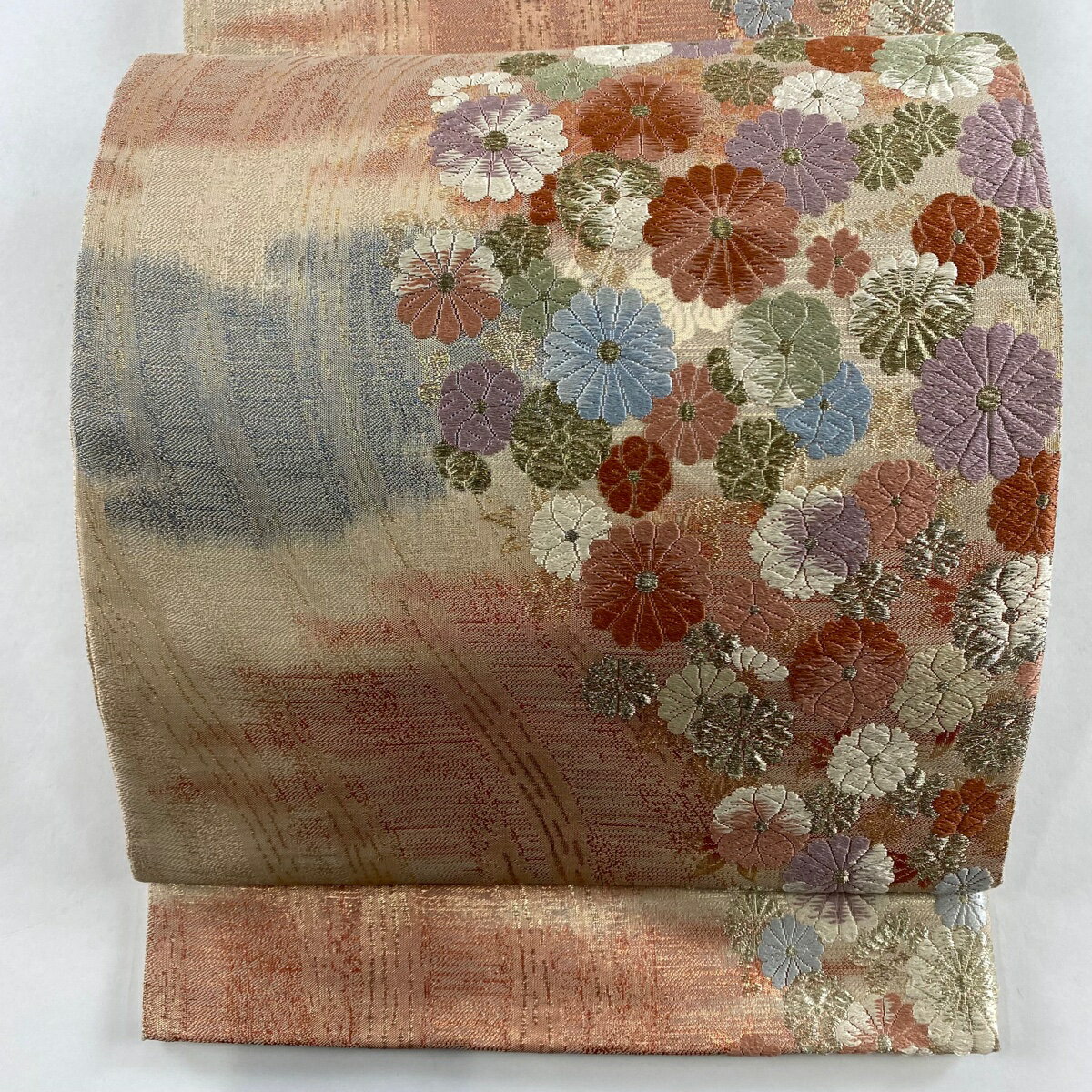 袋帯 美品 秀品 菊 桜 唐織 金銀糸 薄茶色 六通 正絹 【中古】