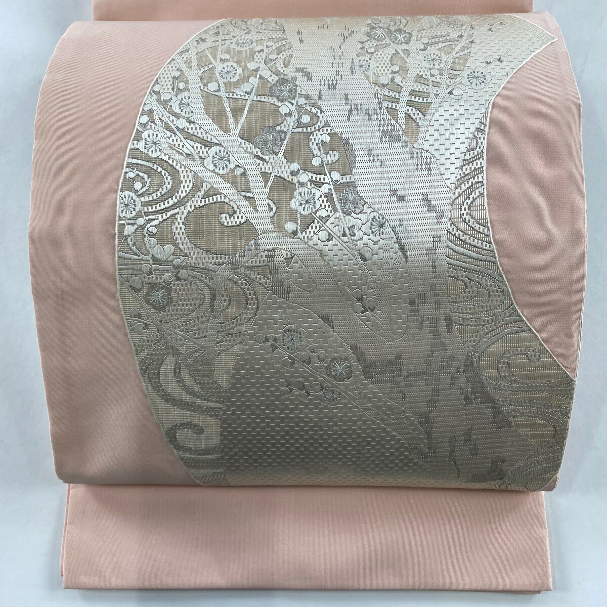 袋帯 秀品 梅 流水 銀糸 サーモンピンク お太鼓柄 正絹 【中古】 msp30
