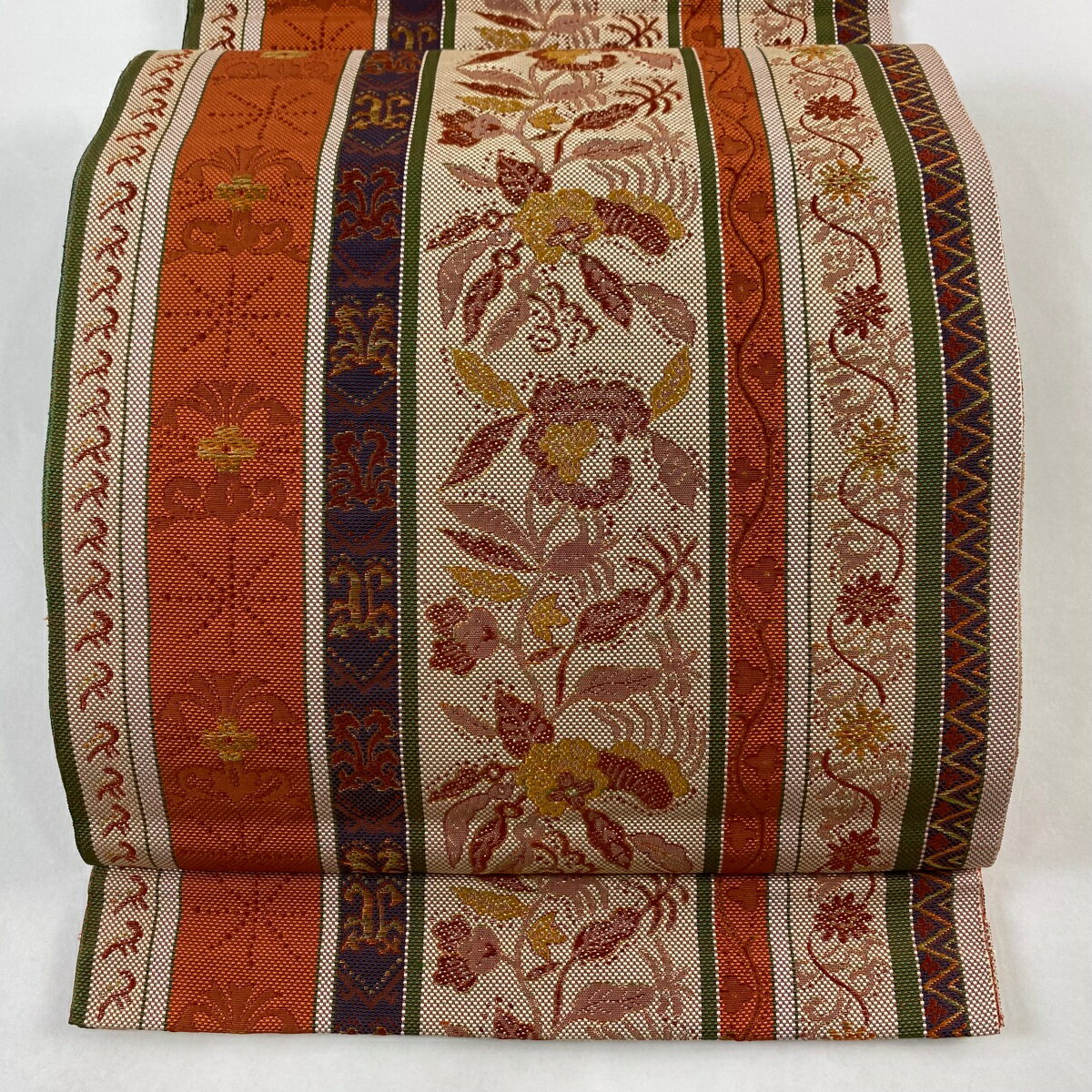 名古屋帯 美品 優品 八寸名古屋帯 縞 草花 オレンジ 正絹 【中古】
