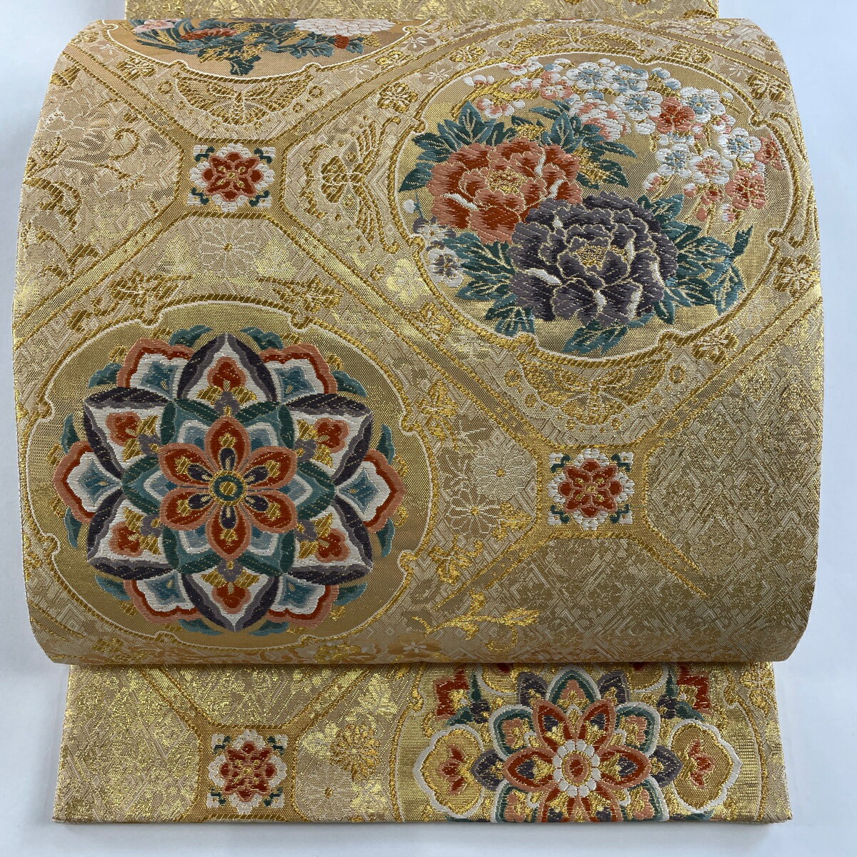 袋帯 美品 秀品 華文 草花 唐織 箔 金色 お太鼓柄 正絹 【中古】