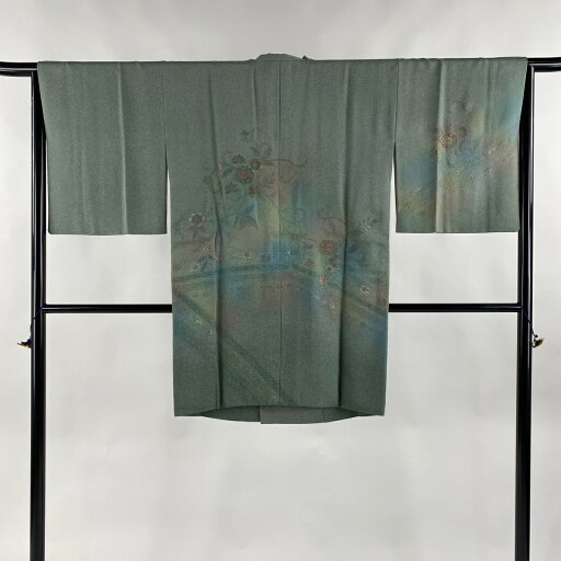 道行 身丈94cm 裄丈65cm M 和装コート 角衿 草花 刺繍 ぼかし 緑 正絹 美品 名品 【中古】 道行 身丈94cm 裄丈65cm M 和装コート 角衿 草花 刺繍 ぼかし 緑 正絹 美品 名品 【中古】