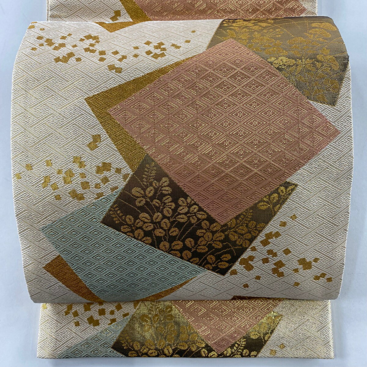 袋帯 美品 秀品 色紙 菱 箔 ベージュ 六通 正絹 【中古】