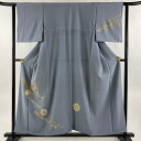 付下げ 身丈155.5cm 裄丈61.5cm S 袷 丹下雄介 落款あり 華文 花唐草 刺繍 金彩 青灰色 正絹 秀品 一つ紋 【中古】