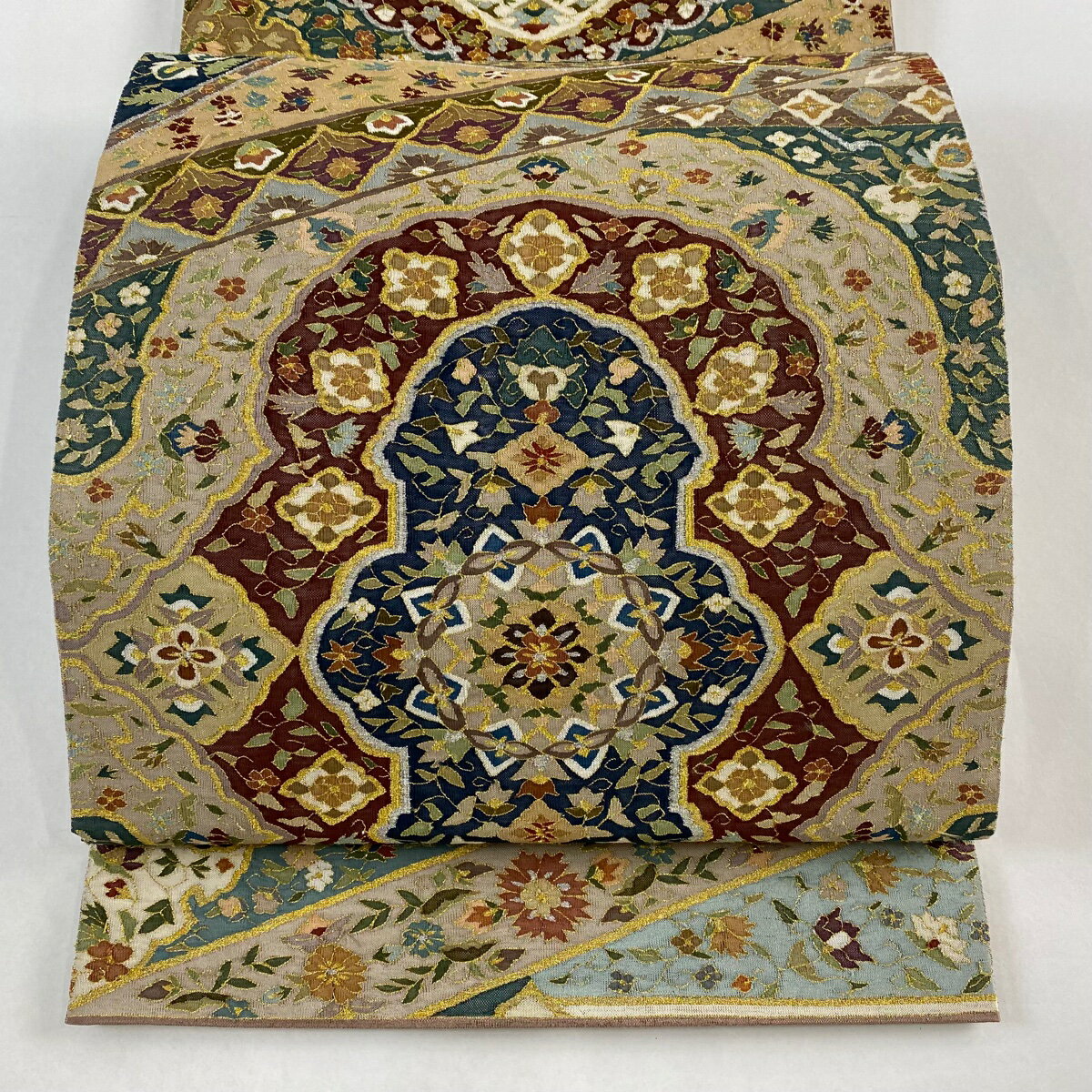 袋帯 美品 逸品 明綴れ 華文 草花 金糸 茶色 全通 正絹 【中古】