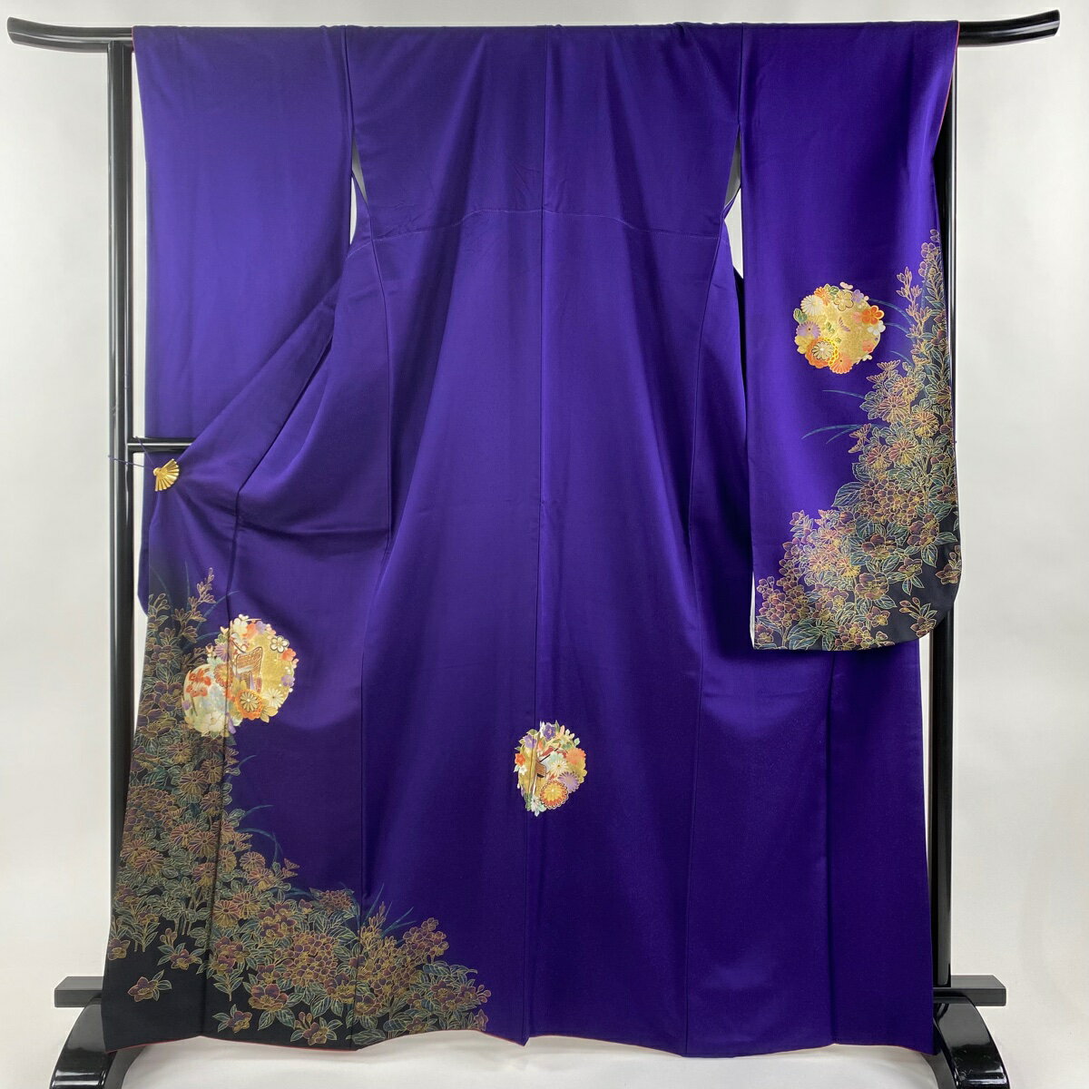 振袖 身丈167cm 裄丈65.5cm M 袷 御所車 草花 金銀彩 濃紫 正絹 秀品 【中古】