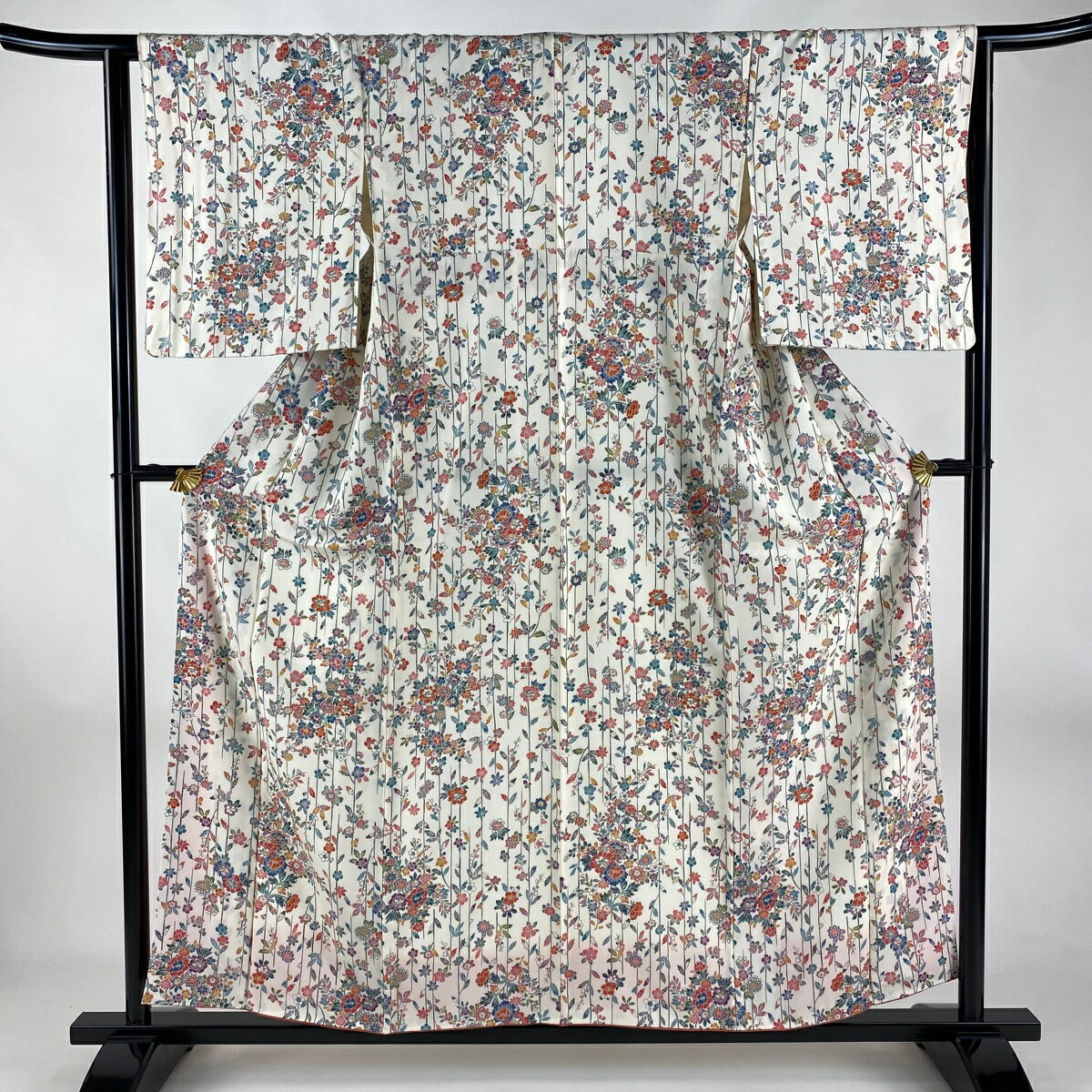 小紋 身丈157cm 裄丈63.5cm S 袷 草花 クリーム 正絹 美品 優品 【中古】 msp50