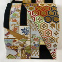 袋帯 美品 逸品 切り嵌め風 ますいわ屋 亀甲 草花 相良刺繍 金糸 黒 六通 正絹 【中古】