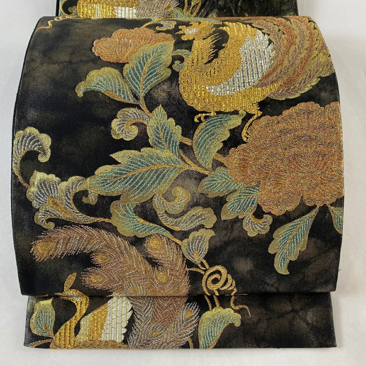 袋帯 美品 秀品 王朝 鳳凰 花唐草 金糸 箔 墨色 六通 正絹 【中古】