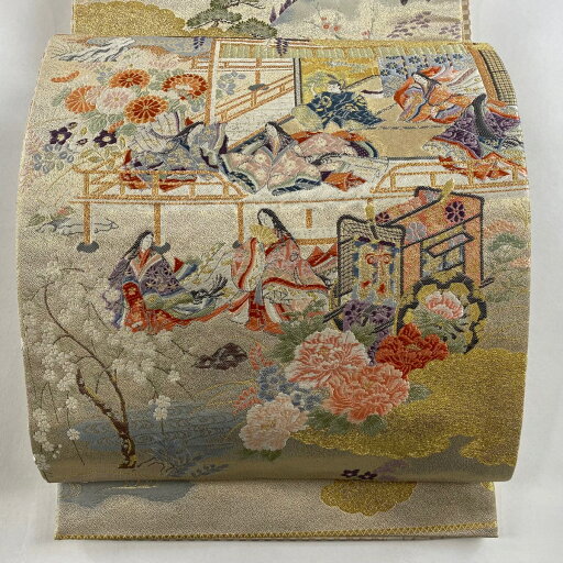 袋帯 秀品 紫式部日記絵 御所風景 金糸 箔 金色 お太鼓柄 正絹 【中古】 袋帯 秀品 紫式部日記絵 御所風景 金糸 箔 金色 お太鼓柄 正絹 【中古】