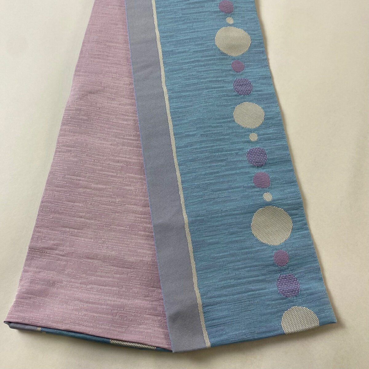 半幅帯 優品 丸文 縞 水色 化繊 【中古】