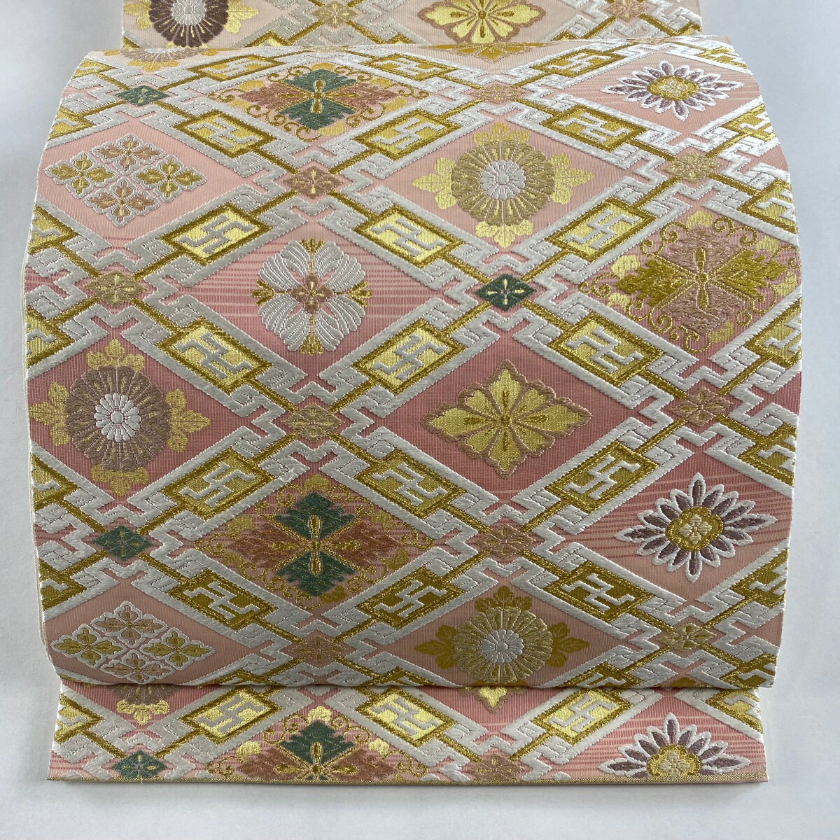 袋帯 名品 花菱 菊 唐織 箔 ピンク 六通 正絹 【中古】のサムネイル