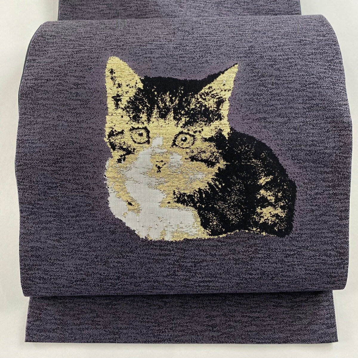 袋帯 美品 逸品 猫 箔 紫 お太鼓柄 正絹 【中古】