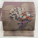 【最終値引き】 名古屋帯 美品 優品 菊 萩 刺繍 箔 灰紫 正絹 【中古】 msp70