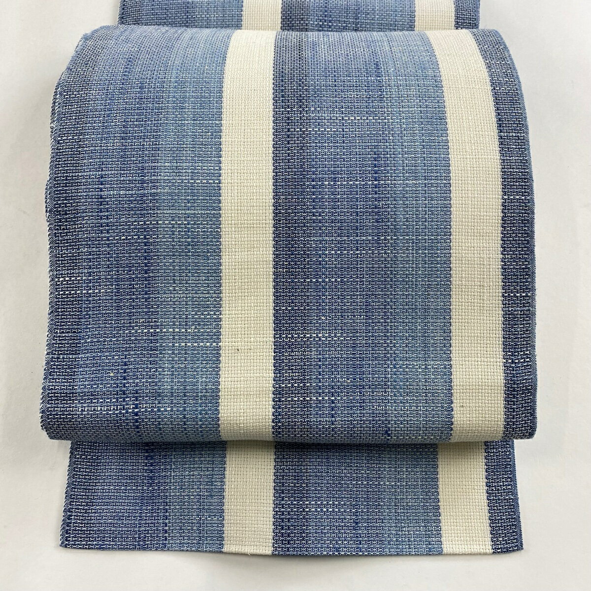 名古屋帯 名品 夏帯 八寸名古屋帯 松葉仕立て 縞 青灰色 正絹 【中古】