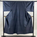 男着物 身丈148.5cm 裄丈69.5cm L 袷 アンサンブル 紬 亀甲絣 紺色 正絹 秀品 【中古】