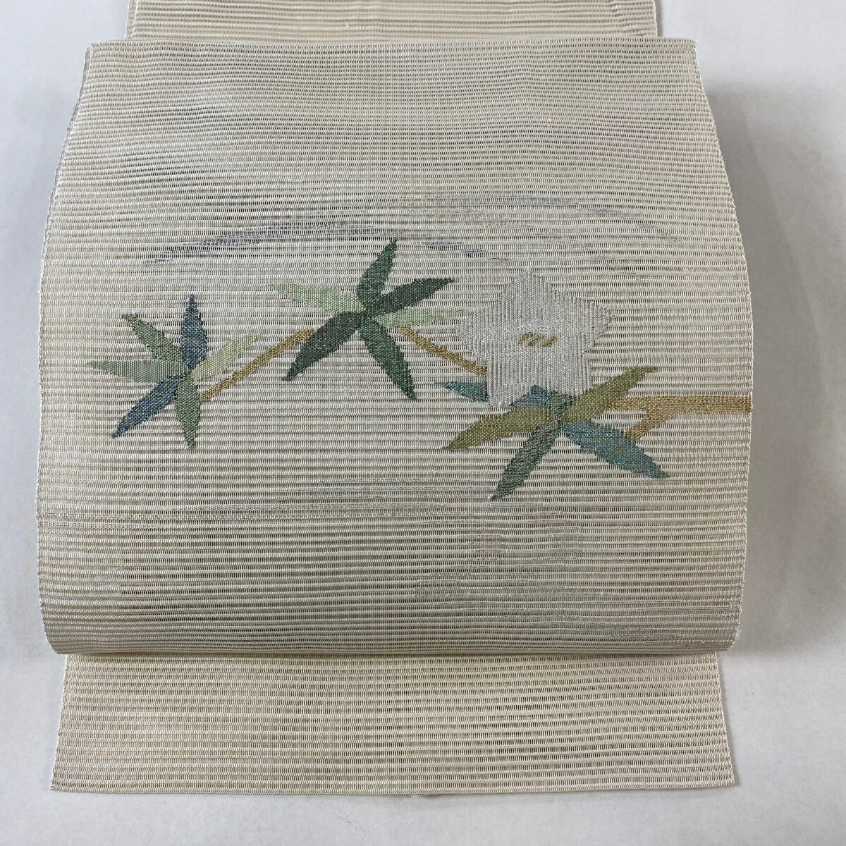名古屋帯 秀品 夏帯 絽 八寸名古屋帯 松葉仕立て 桔梗 芝 箔 クリーム 正絹 【中古】 msp70