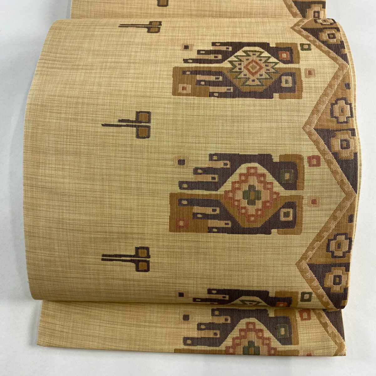 袋帯 美品 秀品 華文 幾何学模様 ベージュ 六通 正絹 【中古】