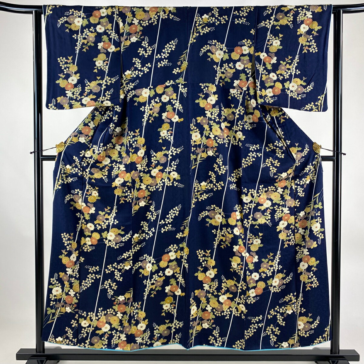 小紋 身丈153.5cm 裄丈63cm S 袷 菊 萩 金彩 濃紺 正絹 優品 【中古】