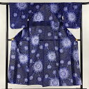 浴衣 身丈151cm 裄丈63.5cm S 絞り浴衣 花 青紫 綿 美品 名品 【中古】