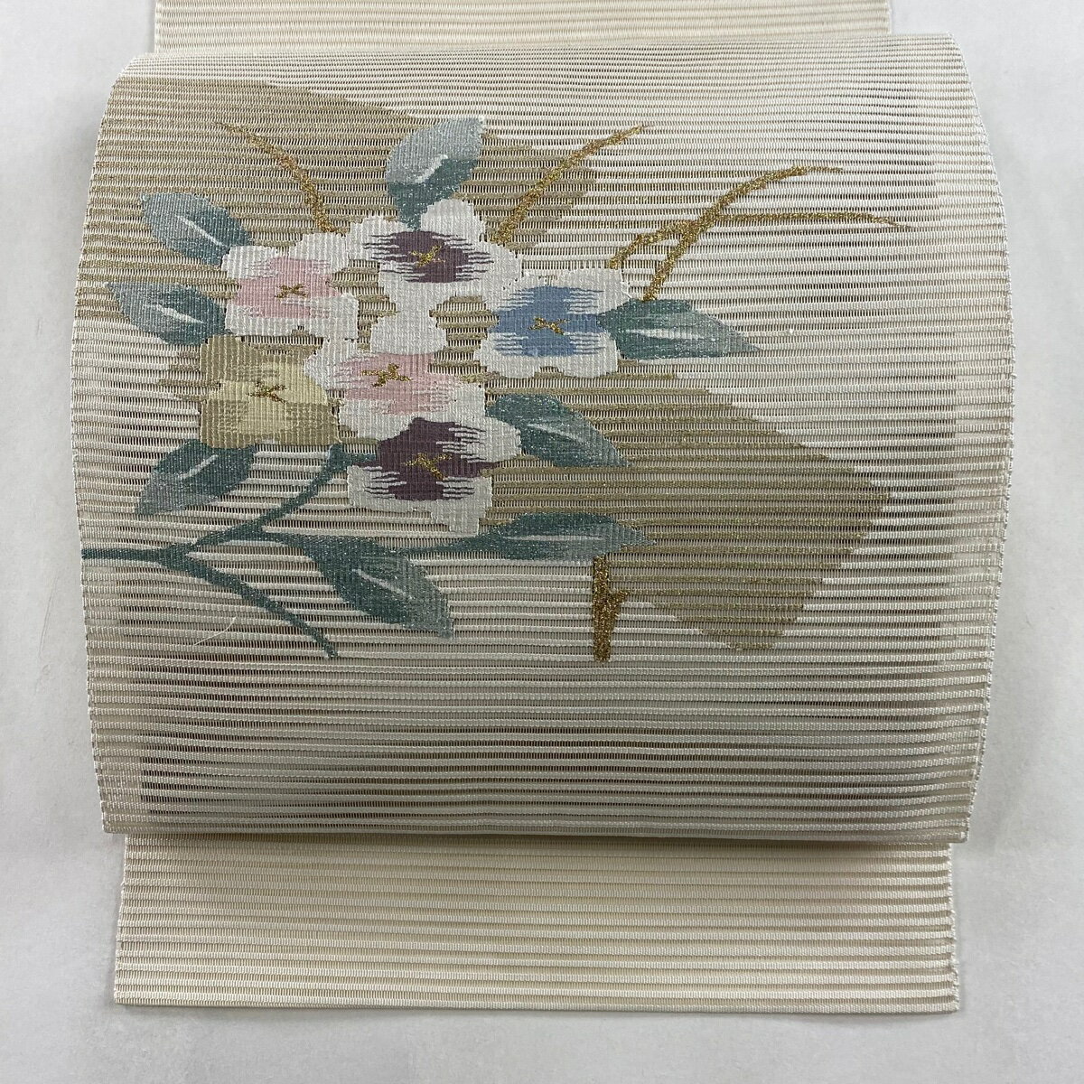 名古屋帯 美品 秀品 夏帯 松葉仕立て トンネル仕立て 八寸名古屋帯 草花 八つ橋 箔 クリーム 正絹 【中古】