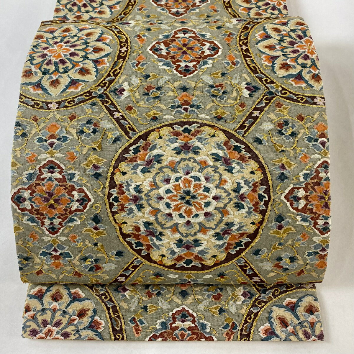 袋帯 美品 逸品 華文 草花 金糸 明綴れ 灰緑 全通 正絹 【中古】