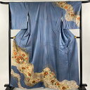 訪問着 身丈161cm 裄丈66cm M 袷 草花 唐草 金彩 ぼかし 青灰色 正絹 秀品 【中古】
