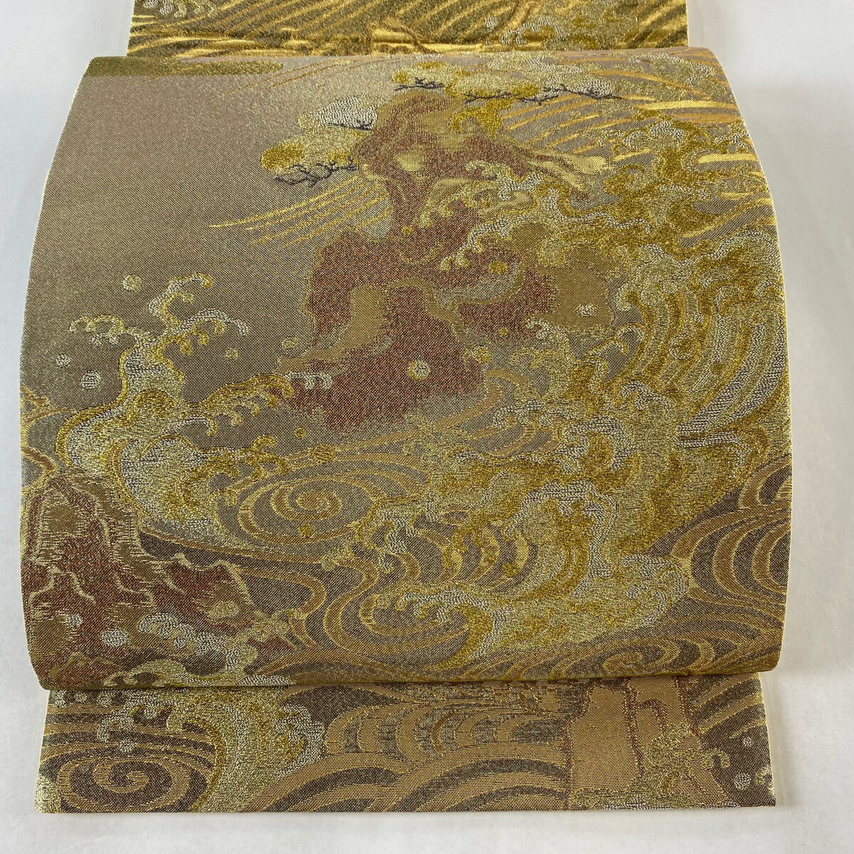 袋帯 美品 名品 波頭 松島図 金糸 箔 金色 六通 正絹 【中古】