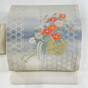 【最終値引き】 名古屋帯 美品 優品 花車 籠目 金糸 箔 青灰色 正絹 【中古】 msp70