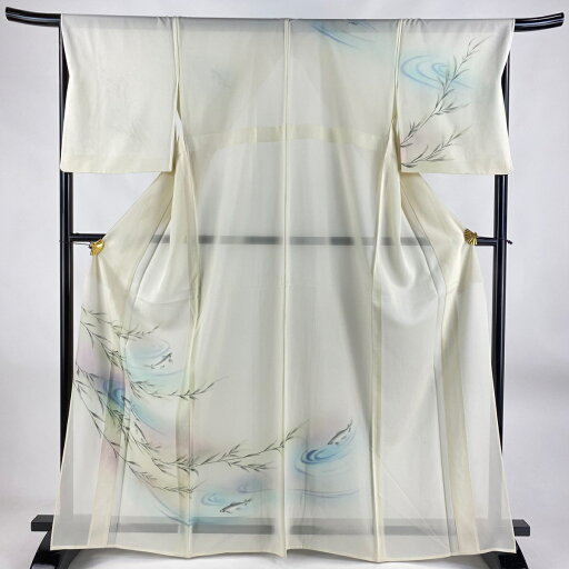 付下げ 身丈165cm 裄丈67cm M 薄物 絽 魚 流水 ぼかし クリーム 正絹 秀品 【中古】 付下げ 身丈165cm 裄丈67cm M 薄物 絽 魚 流水 ぼかし クリーム 正絹 秀品 【中古】