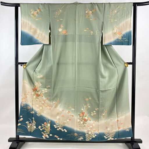 訪問着 身丈158cm 裄丈62.5cm S 袷 秋草 草花 金彩 ぼかし 薄緑 正絹 優品 【中古】 訪問着 身丈158cm 裄丈62.5cm S 袷 秋草 草花 金彩 ぼかし 薄緑 正絹 優品 【中古】