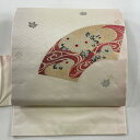 【最終値引き】 名古屋帯 美品 優品 草花 扇面 刺繍 金銀糸 クリーム 正絹 【中古】 msp70