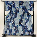 浴衣 身丈155.5cm 裄丈65.5cm M 絞り浴衣 草花 青 綿 名品 【中古】