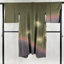 【最終値引き】 道中着 身丈120cm 裄丈64.5cm M 和装コート 扇 地紋 金彩 ぼかし 茶緑色 正絹 美品 逸品 【中古】 msp70