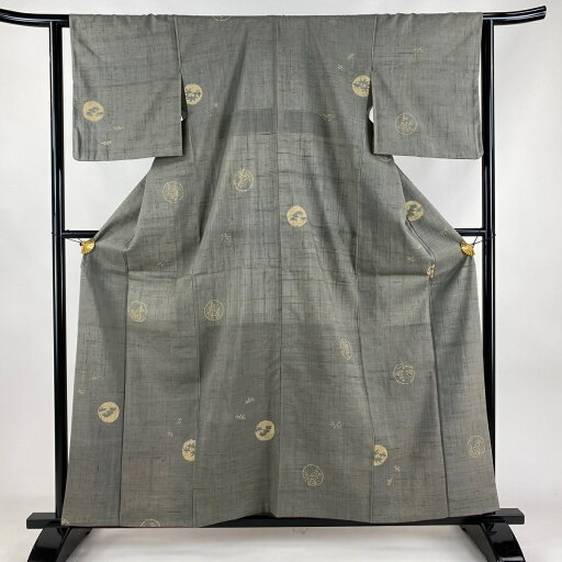 小紋 身丈159.5cm 裄丈62cm S 袷 紬地 丸文 草花 灰色 正絹 秀品 【中古】 小紋 身丈159.5cm 裄丈62cm S 袷 紬地 丸文 草花 灰色 正絹 秀品 【中古】