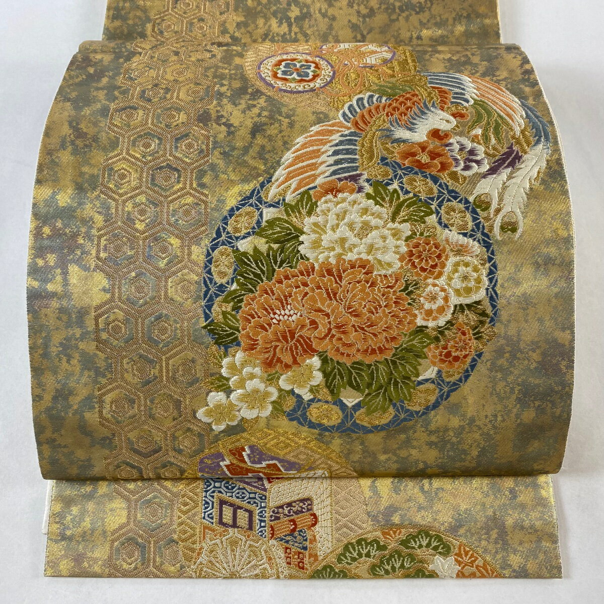 袋帯 秀品 草花 鳥 箔 刺繍 金色 六通 正絹 【中古】