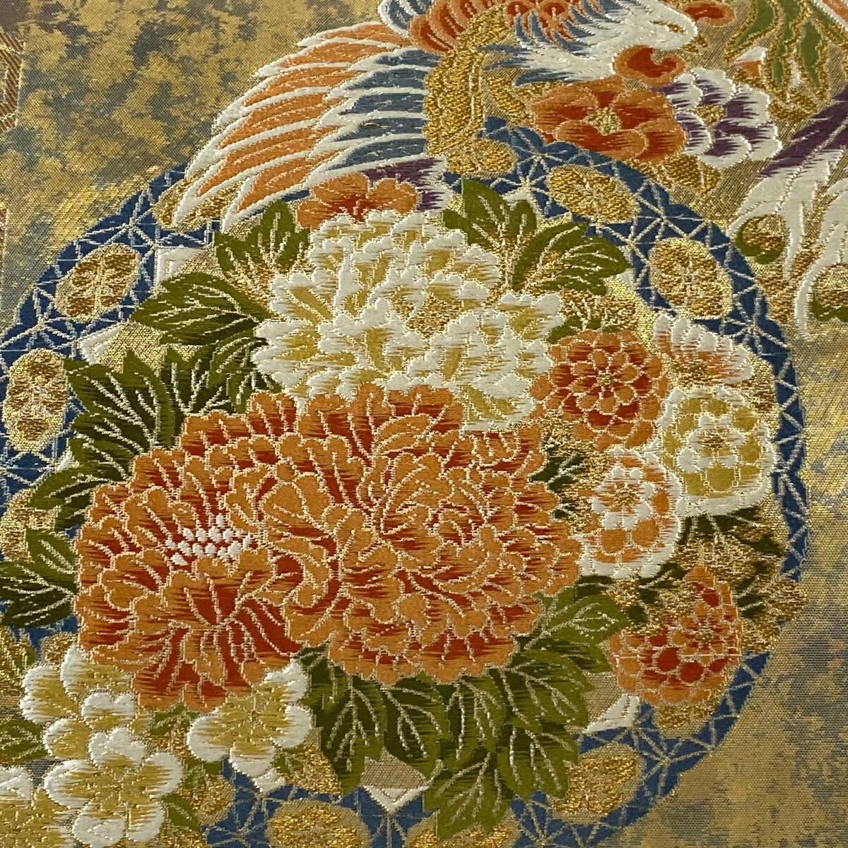 袋帯 秀品 草花 鳥 箔 刺繍 金色 六通 正絹 【中古】