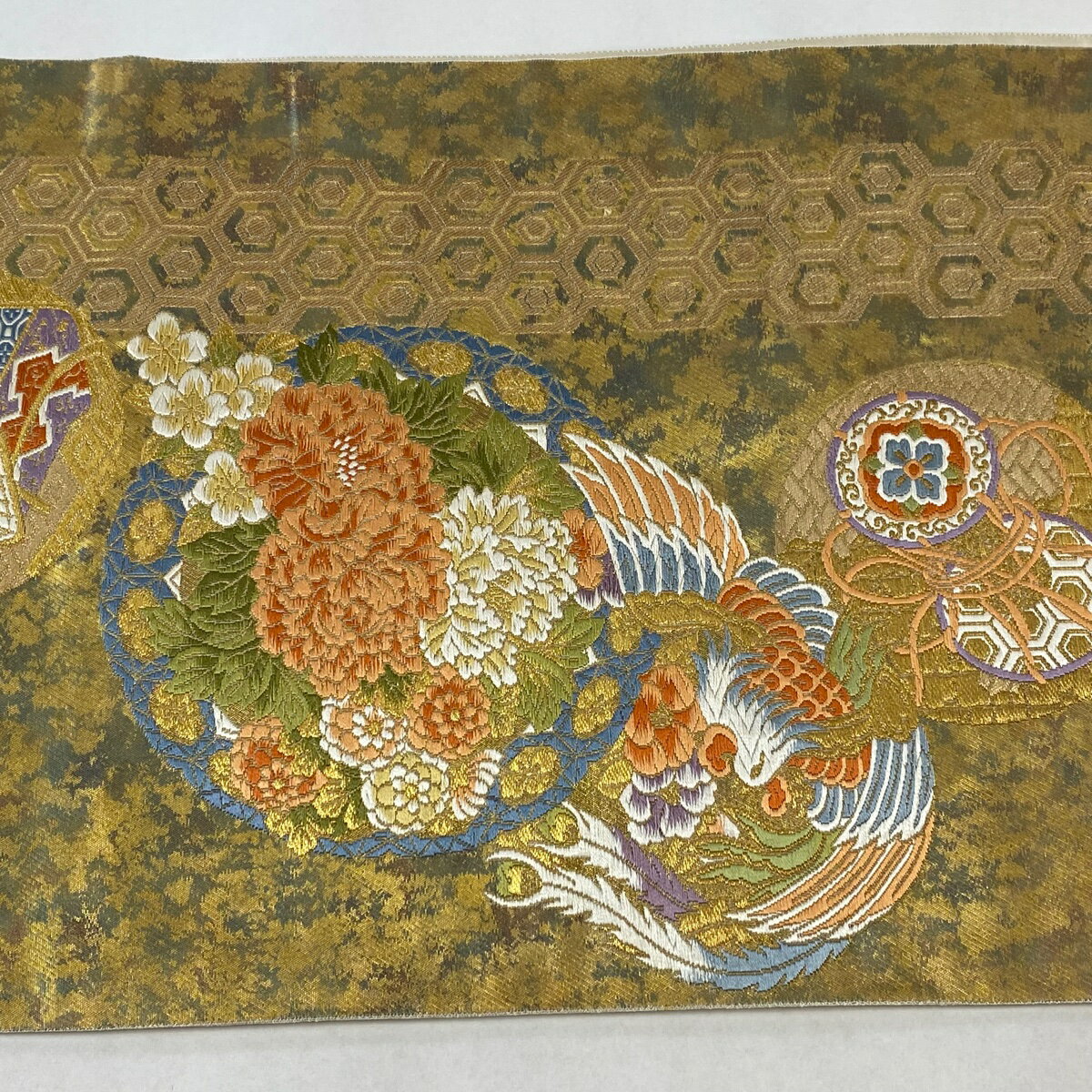 袋帯 秀品 草花 鳥 箔 刺繍 金色 六通 正絹 【中古】