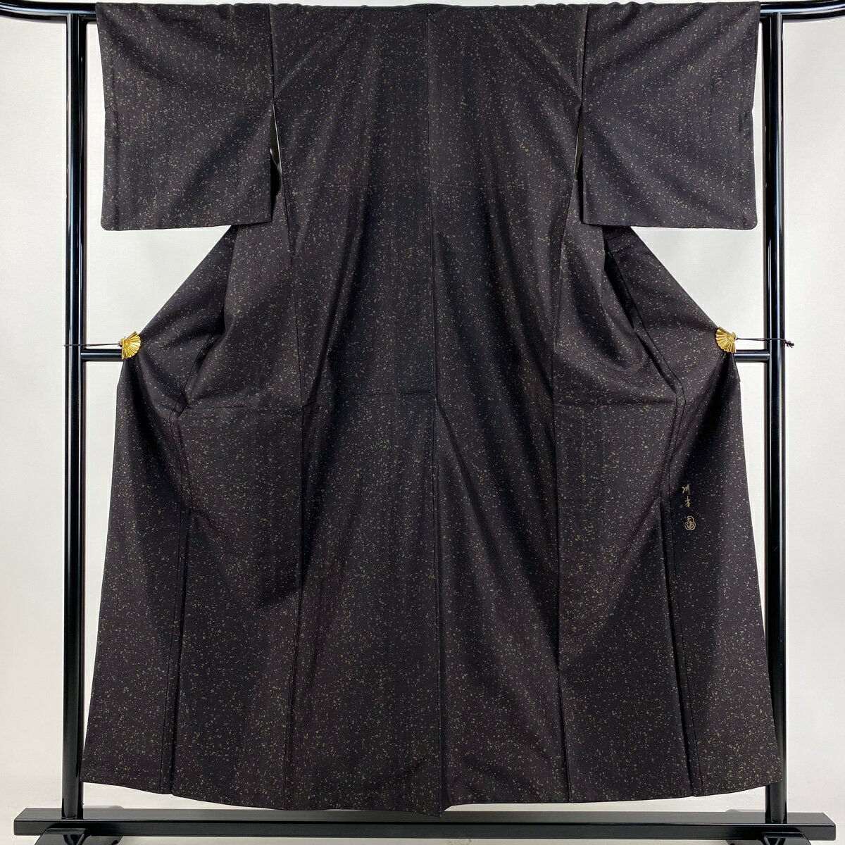 小紋 身丈153cm 裄丈62cm S 袷 紬地 落款あり 幾何学 黒 正絹 美品 秀品 【中古】