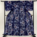 浴衣 身丈162.5cm 裄丈64cm M 絞り浴衣 草花 濃紺 綿 美品 名品 【中古】