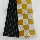 半幅帯 美品 優品 市松 桜 山吹色 化繊 【中古】