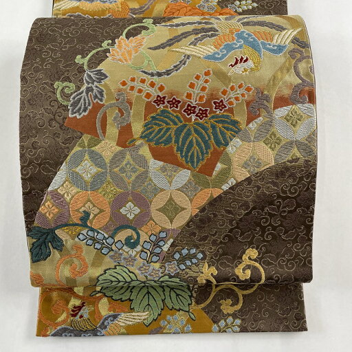 袋帯 美品 秀品 唐草扇粋文 唐織 箔 焦茶色 六通 正絹 【中古】 msp50 袋帯 美品 秀品 唐草扇粋文 唐織 箔 焦茶色 六通 正絹 【中古】 msp50
