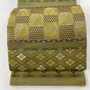 袋帯 美品 名品 証紙あり 金色繭 飛天・草木染 花うさぎ 鱗文 金糸 箔 鶯色 全通 正絹 【中古】 msp50